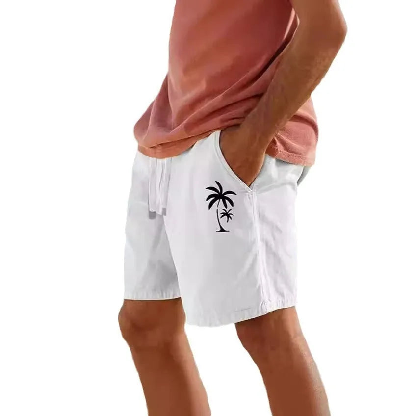 Men's beige heat transfer patch drawstring shorts with elastic waist on a plain background.