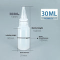 Transparent plastic dispensing bottle with narrow pourer, available in 30ml, 60ml, 100ml, and 120ml sizes.