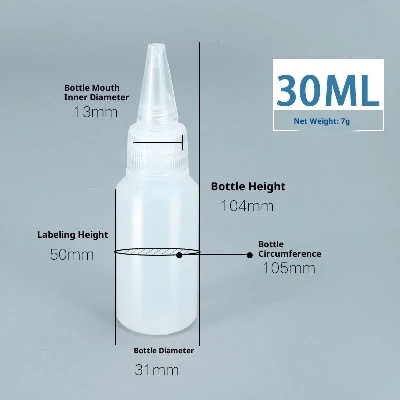 Transparent plastic dispensing bottle with narrow pourer, available in 30ml, 60ml, 100ml, and 120ml sizes.