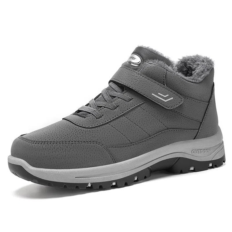 High-top outdoor snow boots with thick PVC sole, fleece lining and artificial PU upper