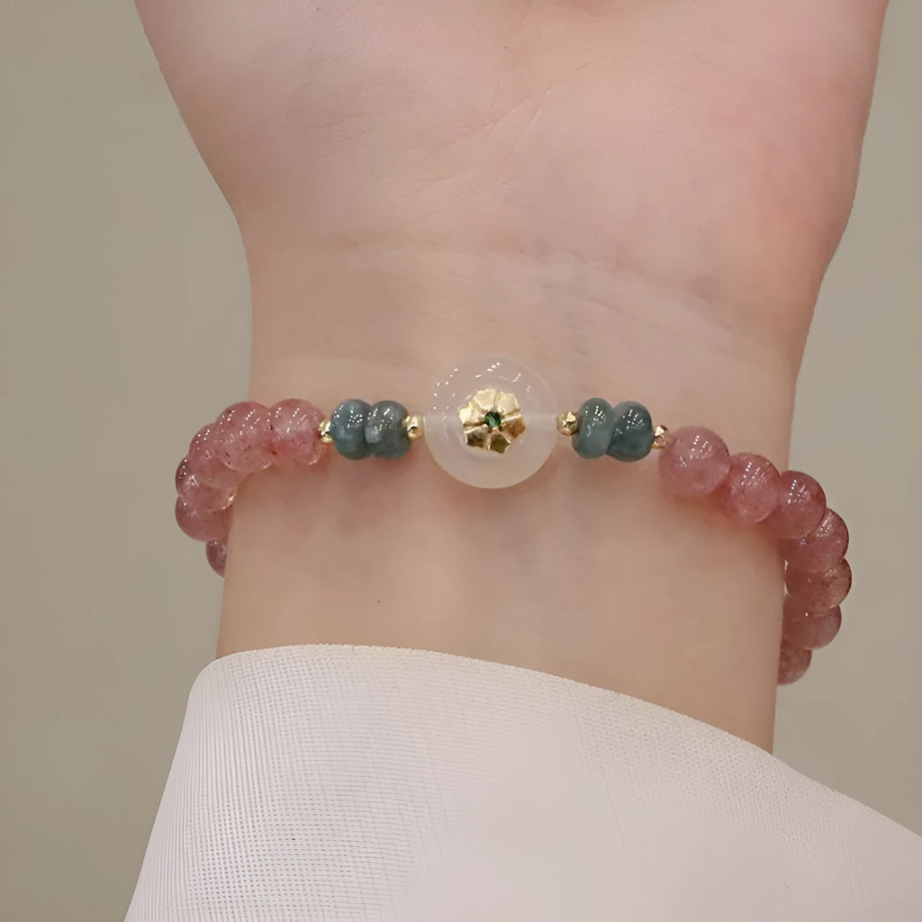 Women's New Chinese style bracelet with strawberry quartz, blue water emerald jade pendant, and electroplated metal elements