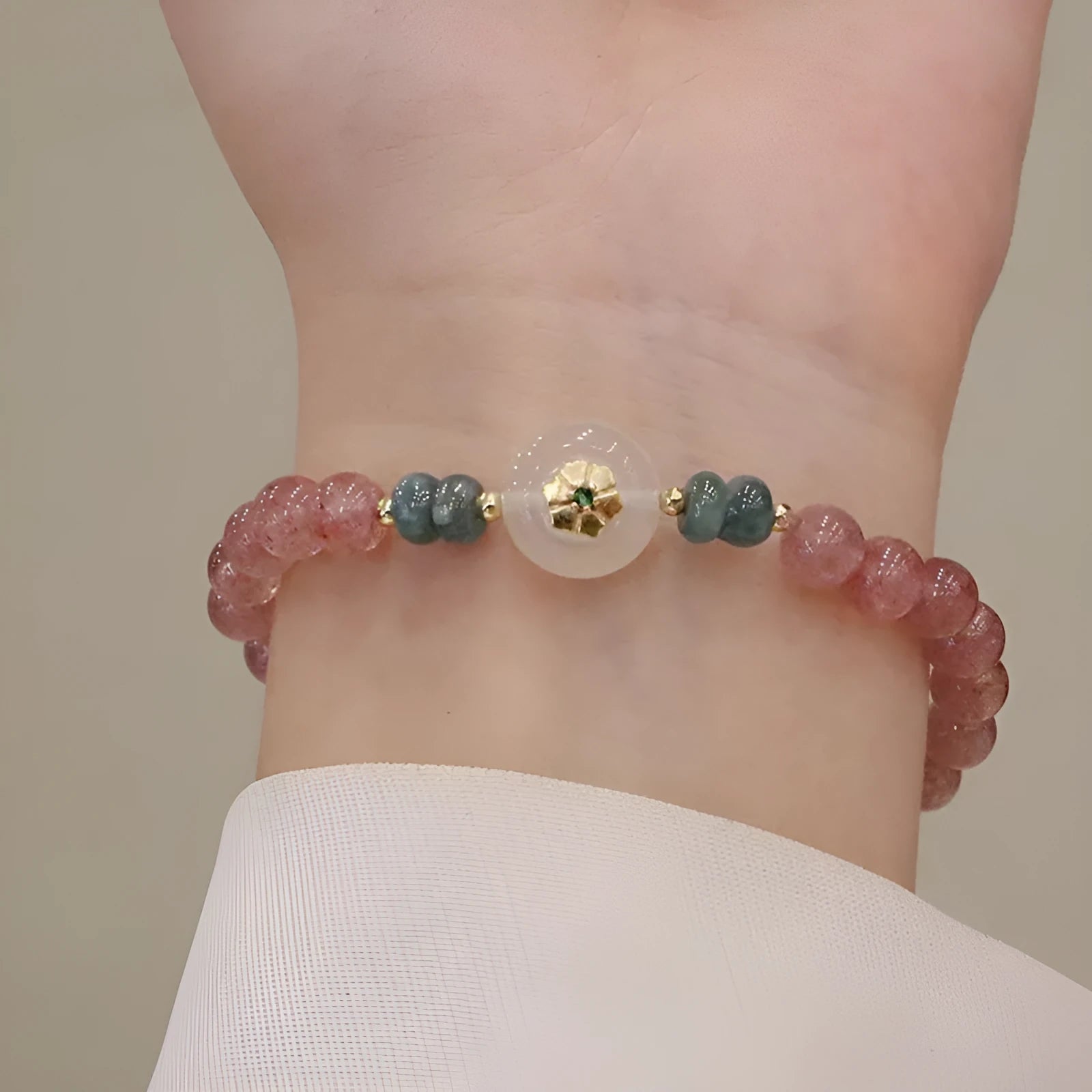 Women's New Chinese style bracelet with strawberry quartz, blue water emerald jade pendant, and electroplated metal elements