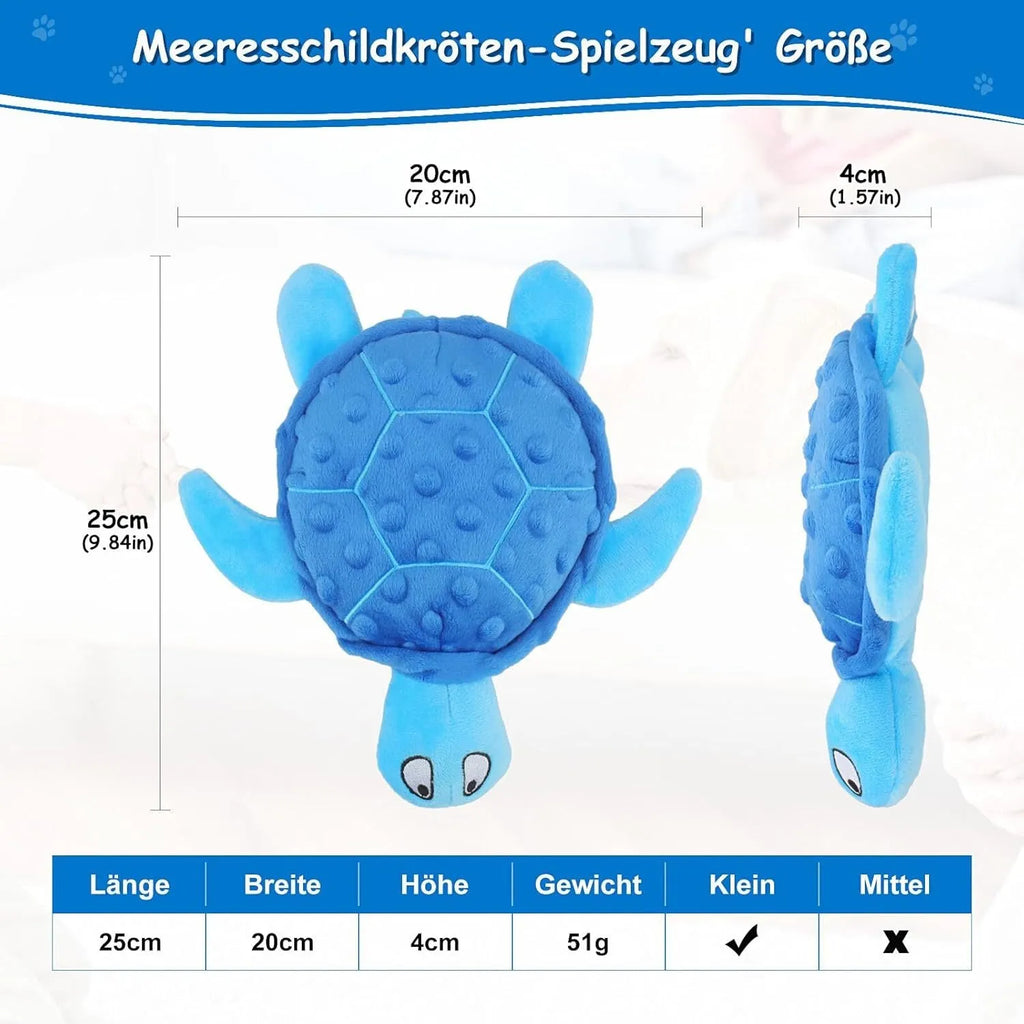 Blue green purple yellow sea turtle squeaky plush dog toy for small dogs on a white background.
