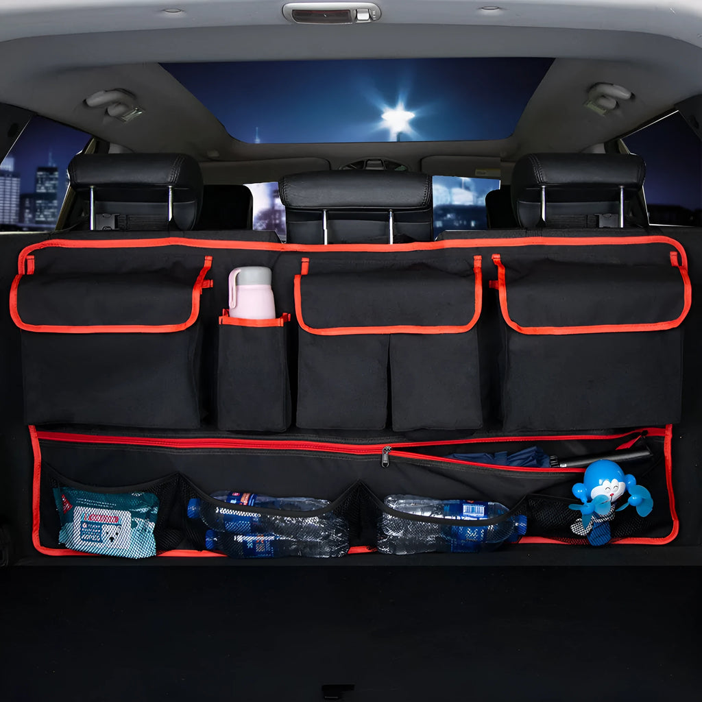 Black car boot hanging storage organiser with waterproof Oxford cloth construction and seat back attachment