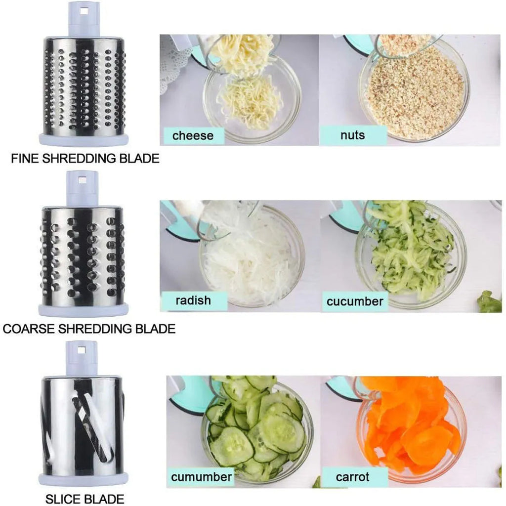 Blue manual round mandoline vegetable and cheese slicer with stainless steel blades.