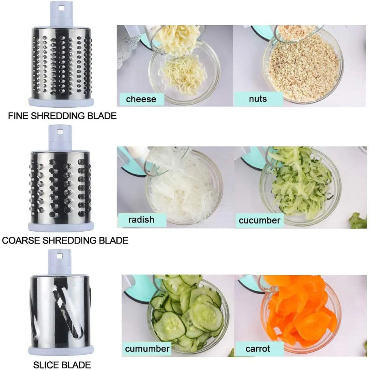 Blue manual round mandoline vegetable and cheese slicer with stainless steel blades.