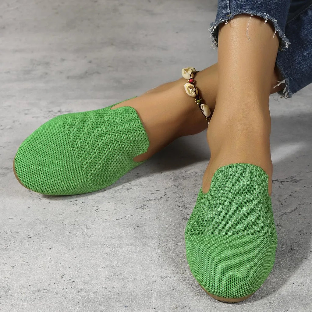 Women's mesh slip-on sandals in apricot, blue and green candy colours with round toe design