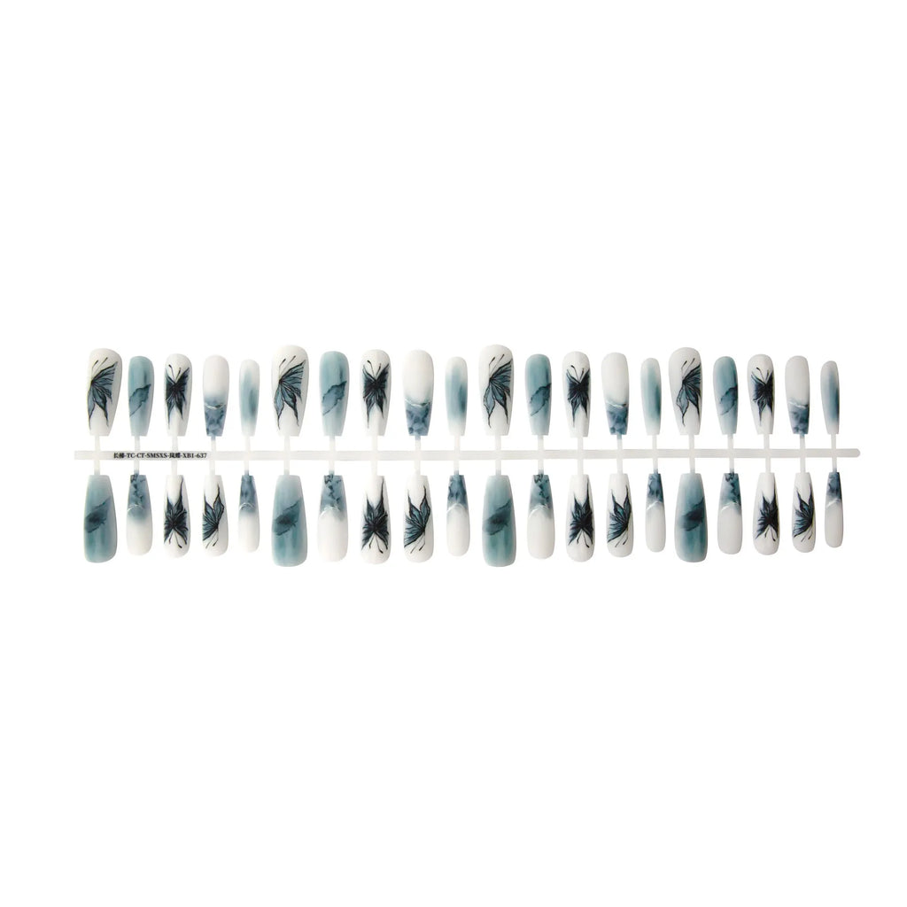 Lan Die XB1-637 long ladder French tip press-on nail stickers, 40pcs set, retro Chinese style for autumn and winter