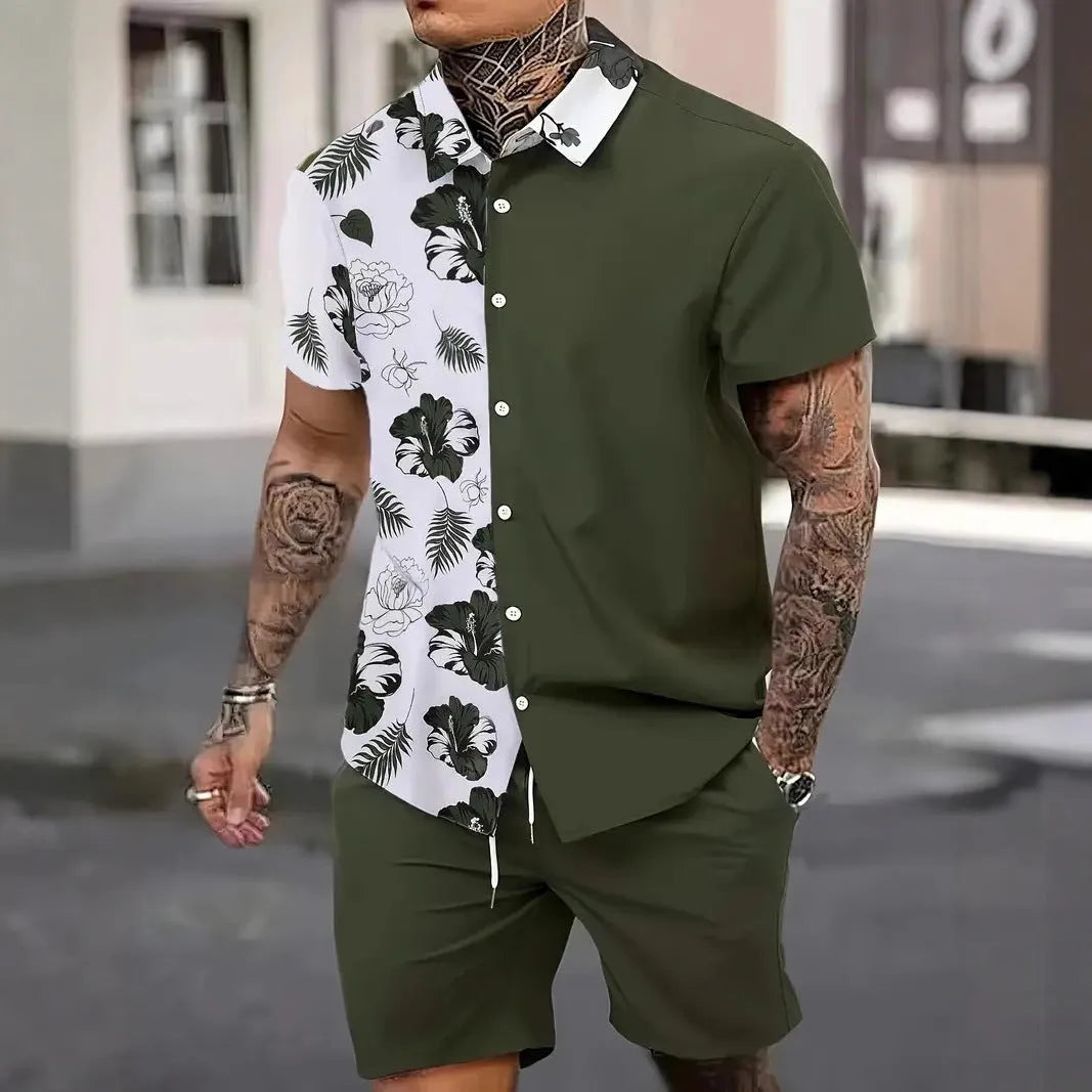 Man wearing a blue 3D printed Hawaii pattern short sleeve shirt and matching shorts leisure set