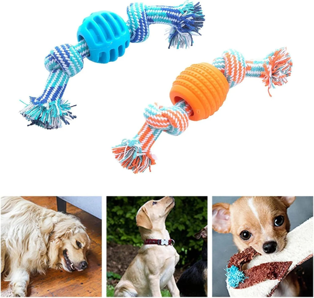 Blue soft dog chew toy with white ropes for cleaning teeth
