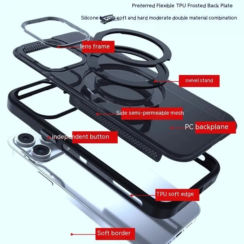 Deep Sea Blue rotating bracket magnetic suction phone case for iPhone shown in portrait and landscape viewing angles.