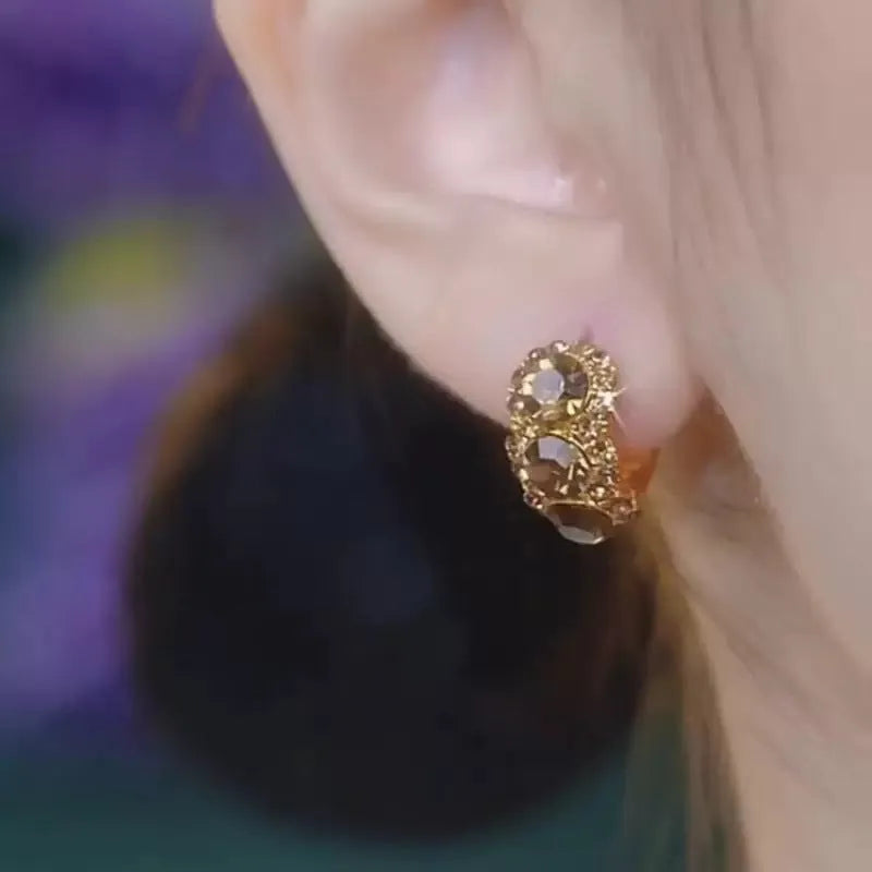 Gold metal hoop earrings with diamond-embedded brown zircon stones, geometric shape, for women