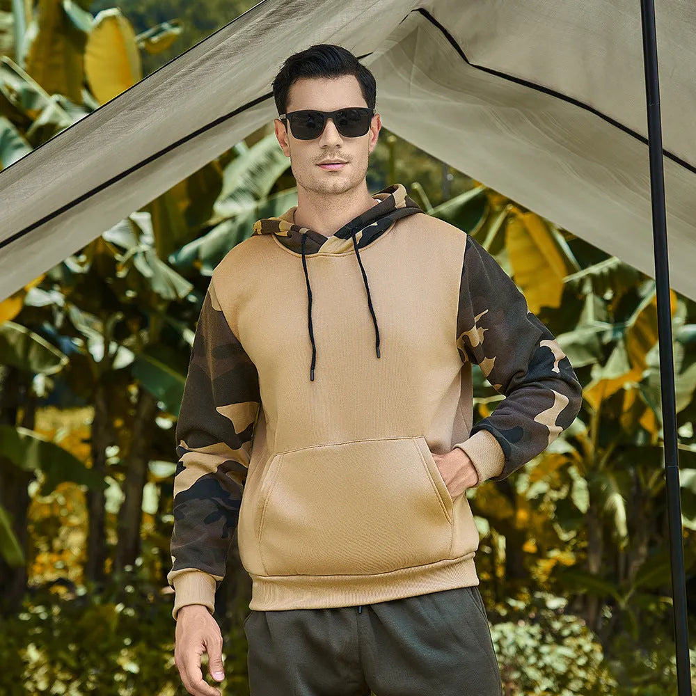 Men's casual camouflage colour block hooded sweater in polyester with black trim, front view
