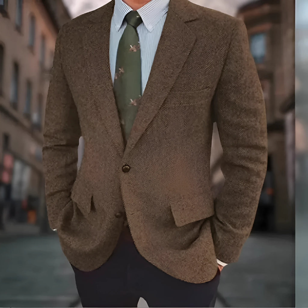 Brown herringbone pattern men's retro suit jacket with long sleeves on a hanger