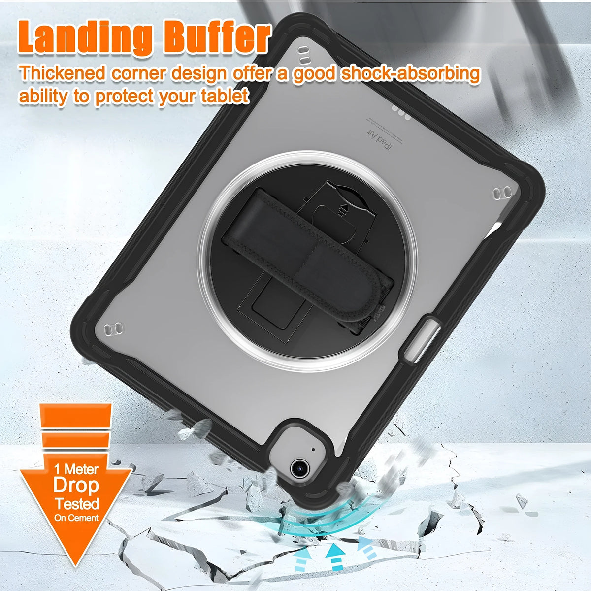 iPad Mini 6 tablet case with rotating bracket in black, showing all-inclusive protective cover and shoulder strap