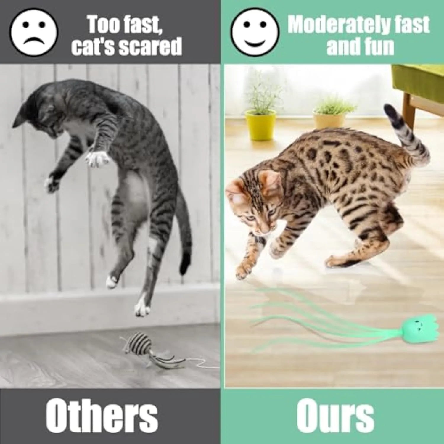 Electronic cat wand toy with swinging silicone tails, green colour option, 38cm length