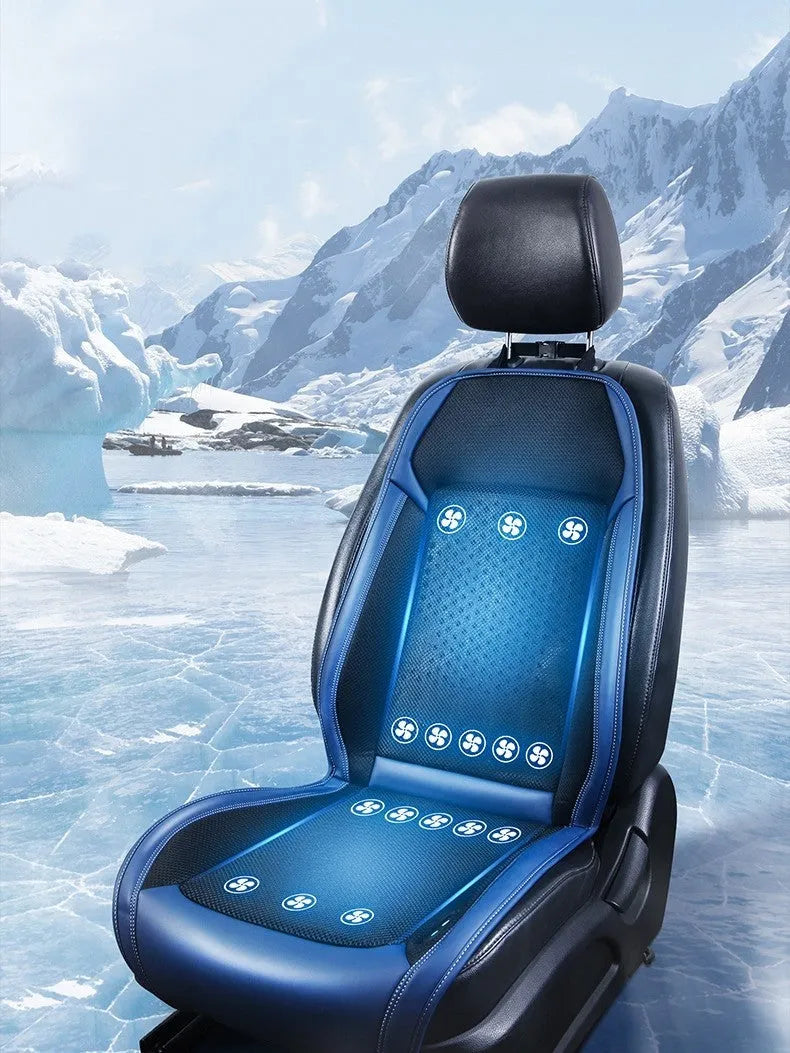 Minimalist black car seat cooling cushion with built-in ventilation fans and a USB power cable.