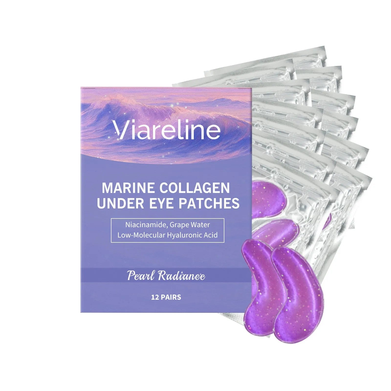 Pack of 12 collagen eye masks for skincare with hyaluronic acid and nicotinamide.