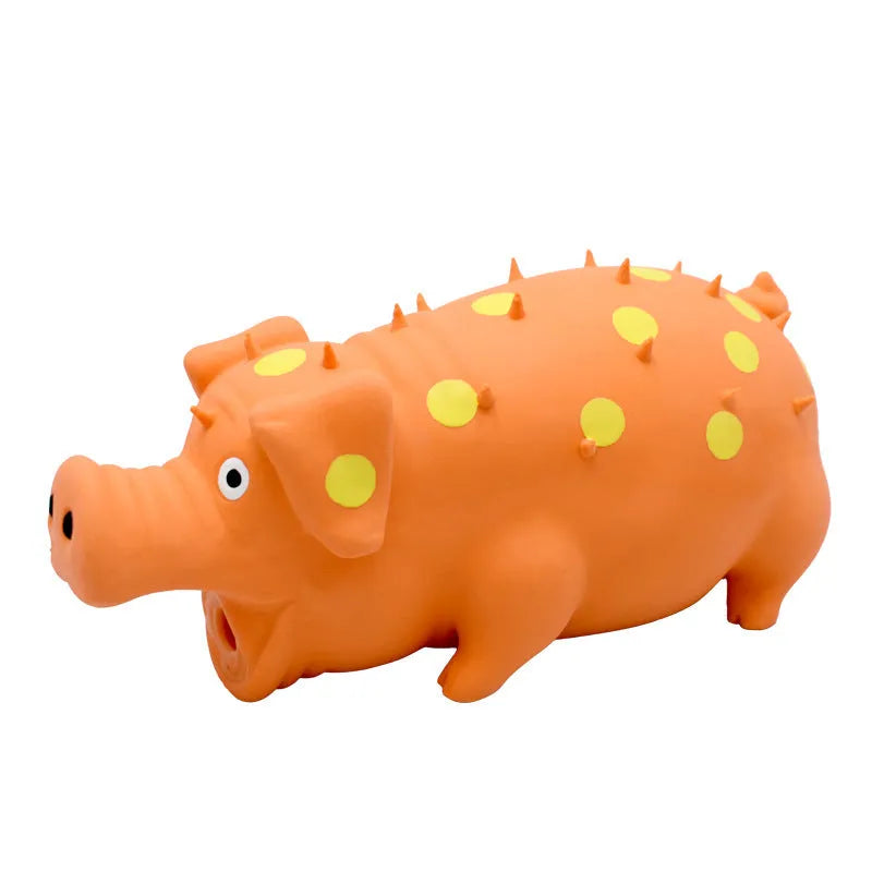 Blue pig-shaped latex dog chew toy with textured surface and squeaker, 20cm long