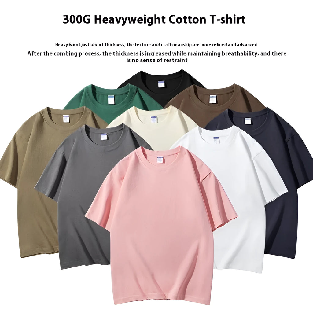 Man wearing a loose-fit 300g cotton round neck t-shirt with a print, shown in a solid colour.