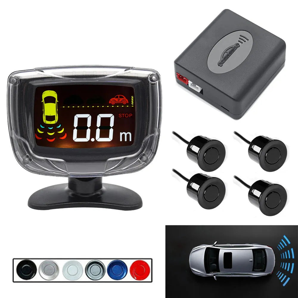 Wireless vehicle reversing sensor kit with main unit, LED display, and four ultrasonic probes.