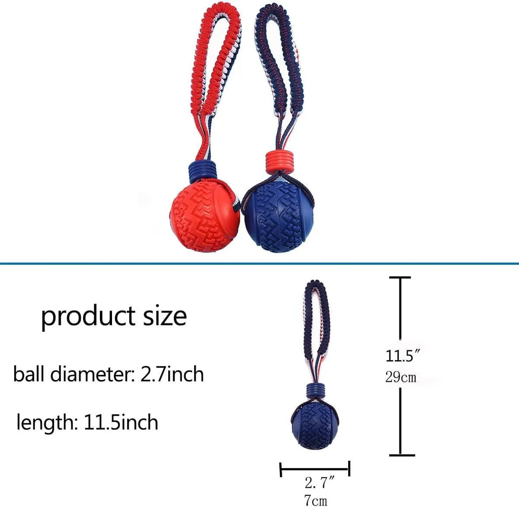 Blue dog ball with rope toy showing textured rubber surface and rope attachment