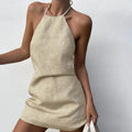 Women's solid colour linen dress with A-line skirt design for summer wear
