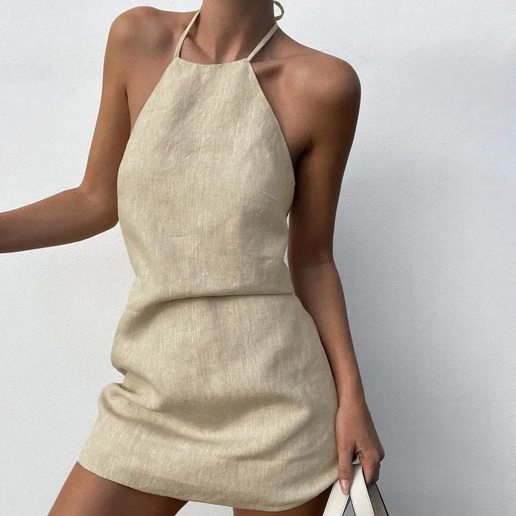 Women's solid colour linen dress with A-line skirt design for summer wear