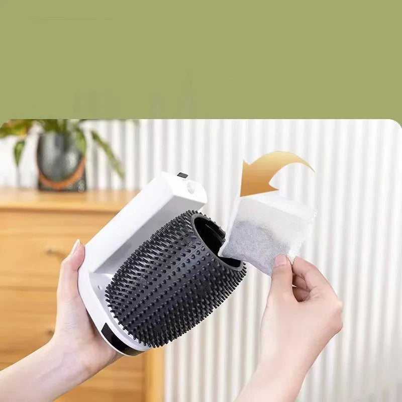 White automatic cat self-grooming brush mounted on a wall corner with soft silica gel bristles.