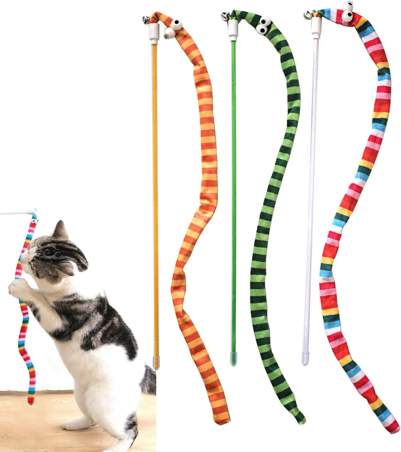Green cat tease wand with a long plush strip and bell for interactive indoor play