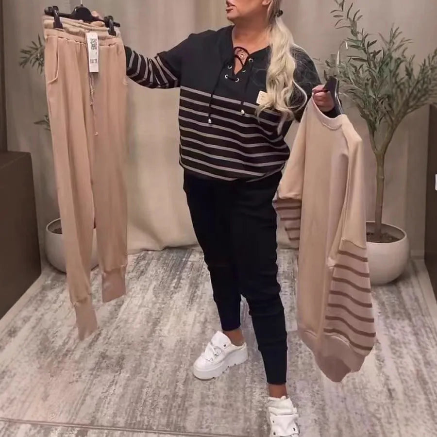 Striped sporty two-piece loose sweatshirt sweatpants set for women, black and khaki colour options, casual colour block long sleeve tracksuit
