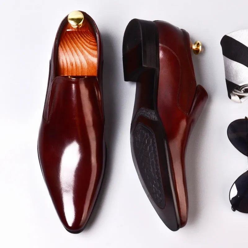 Men's pointed Oxford leather shoes with rubber sole, low upper, available in black, wine red, and brown, sizes 37-46