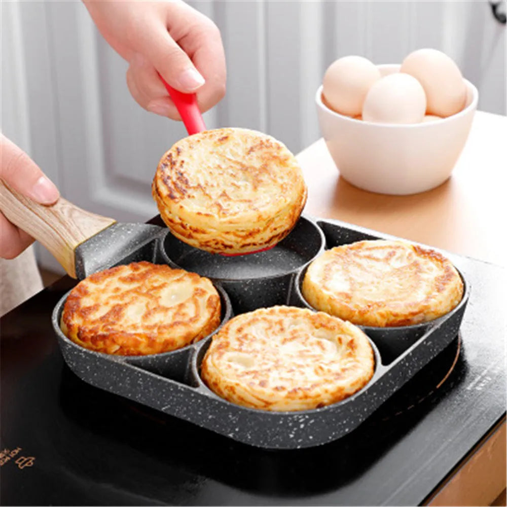 Four-hole aluminium frying pan with non-stick coating and bakelite handles