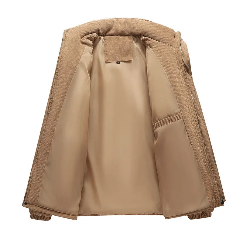 Men's corduroy cotton-padded jacket, fleece-lined, loose fit, 65cm length, round hem, five colours
