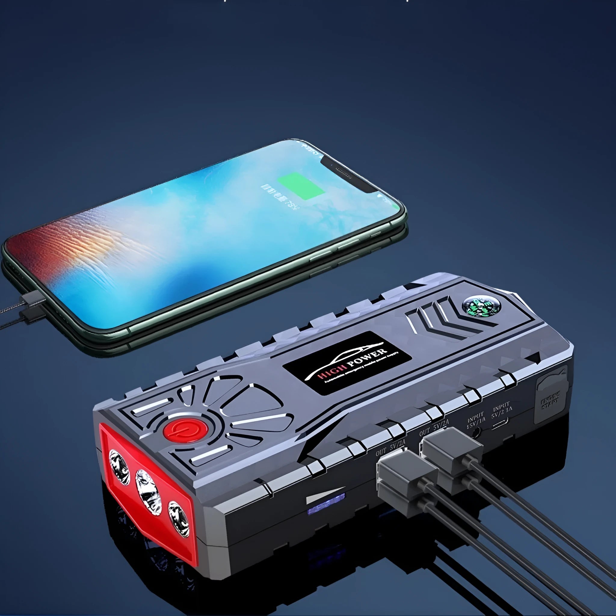 Portable automobile emergency jump starter power source with LED light in ABS toolbox-style casing.