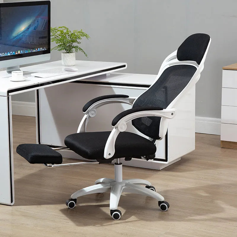 Black ergonomic computer gaming chair with linkage armrests and rotating office design