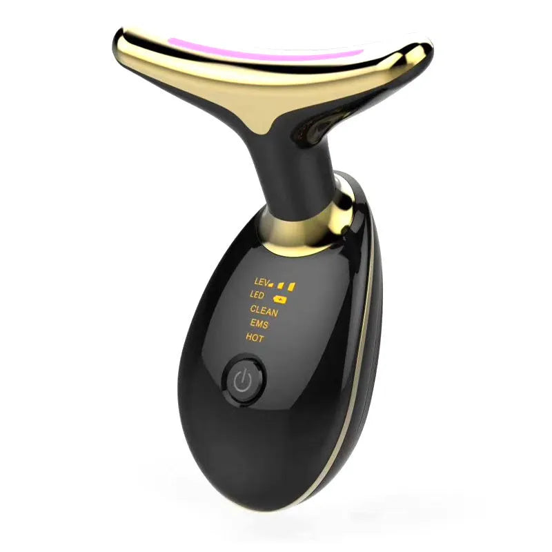 Black silver electric neck massager device with LED lights showing EMS microcurrent and thermal functions