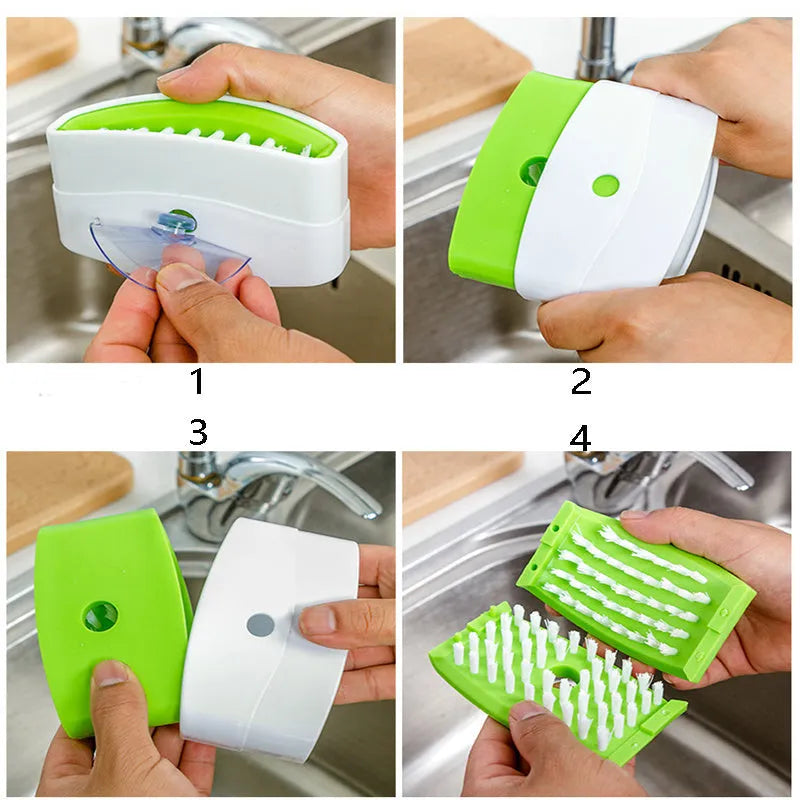Kitchen cleaning brush with suction cup base and cutlery grooves in blue, green or pink