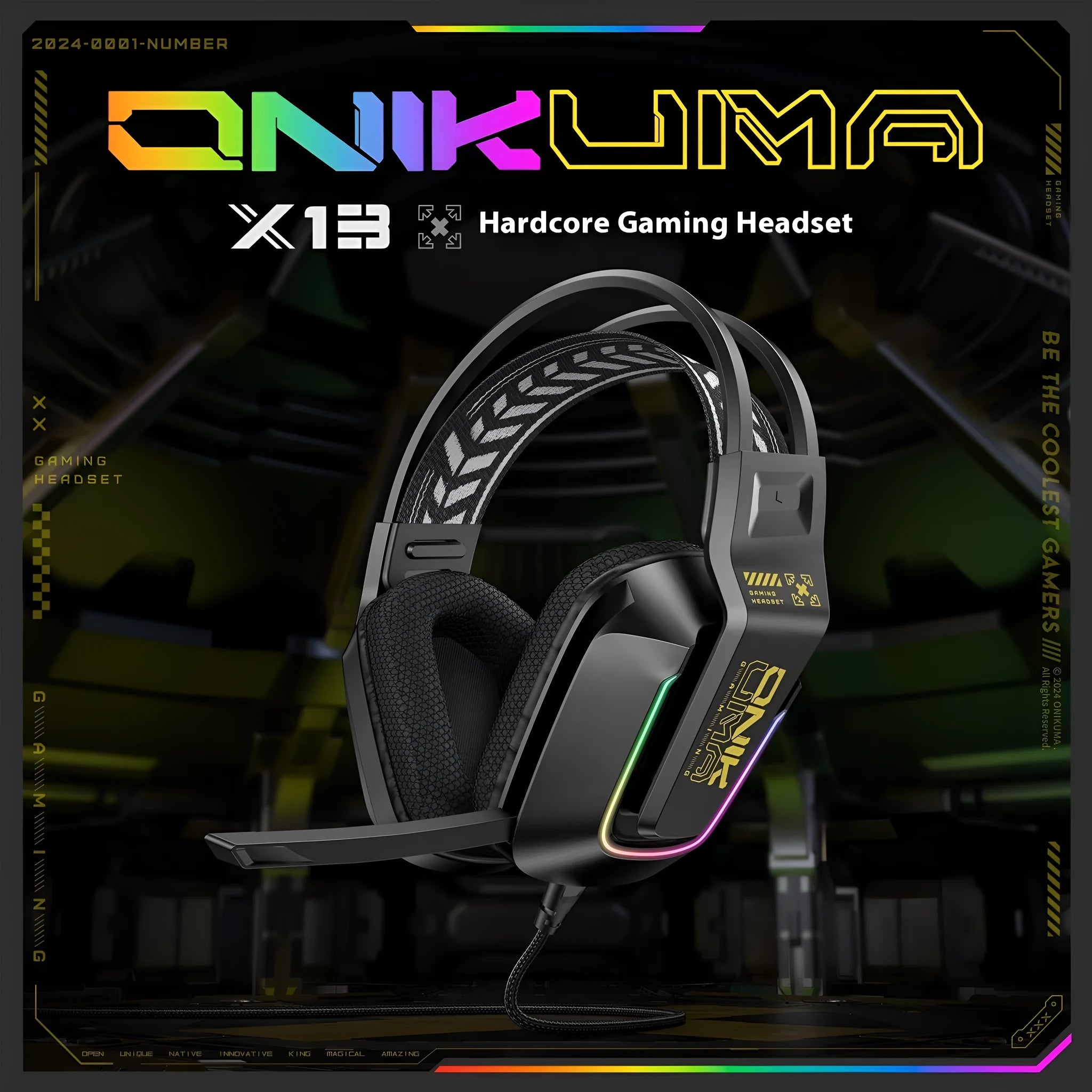 Wired gaming headset with microphone, 50mm speaker, ABS construction, 2.2m braided cable, black colour option