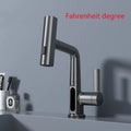 Digital display pull-out faucet showing water temperature with extendable hose
