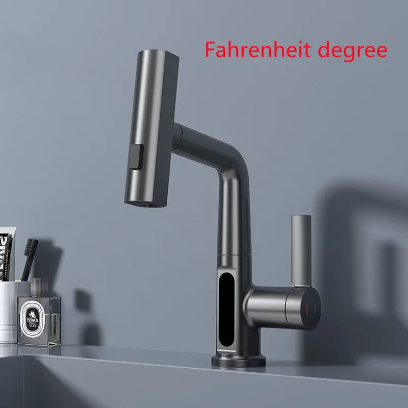 Digital display pull-out faucet showing water temperature with extendable hose