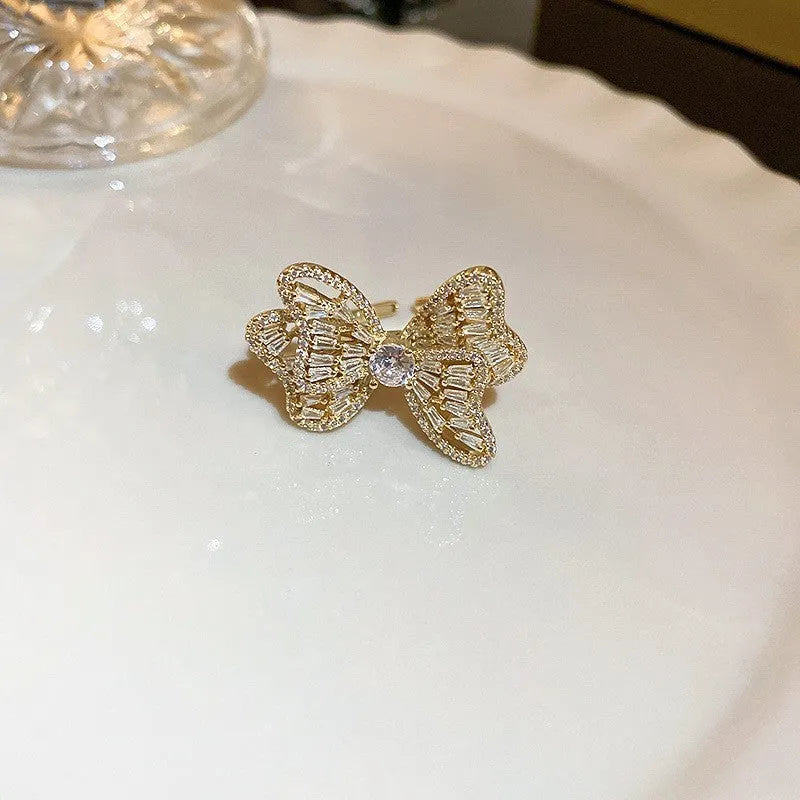 Real gold electroplated zircon bow ring for women in 12 golden bow colour, single metal ring