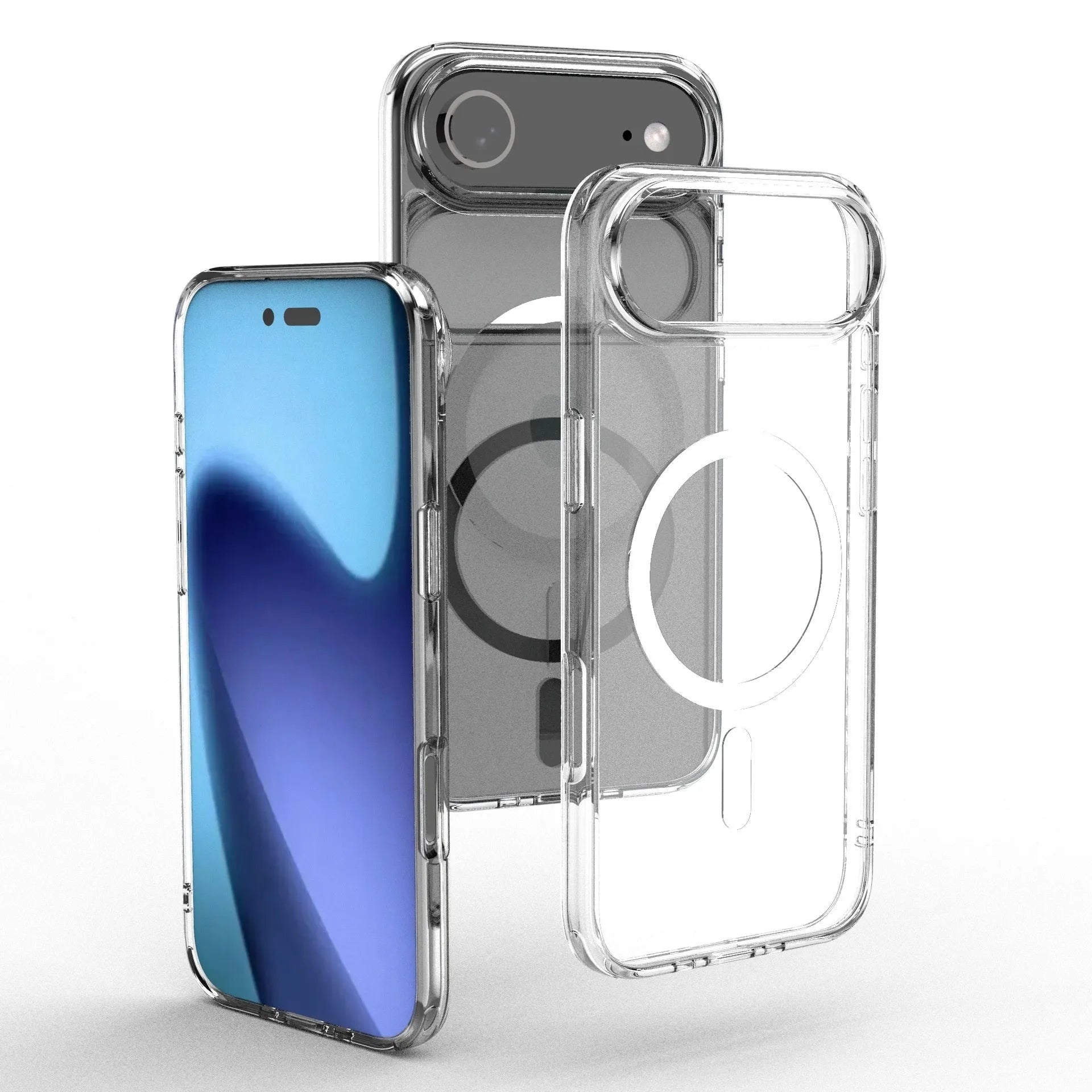 Transparent magnetic phone case for iPhone 17 series showing TPU composite construction and magnetic attachment points