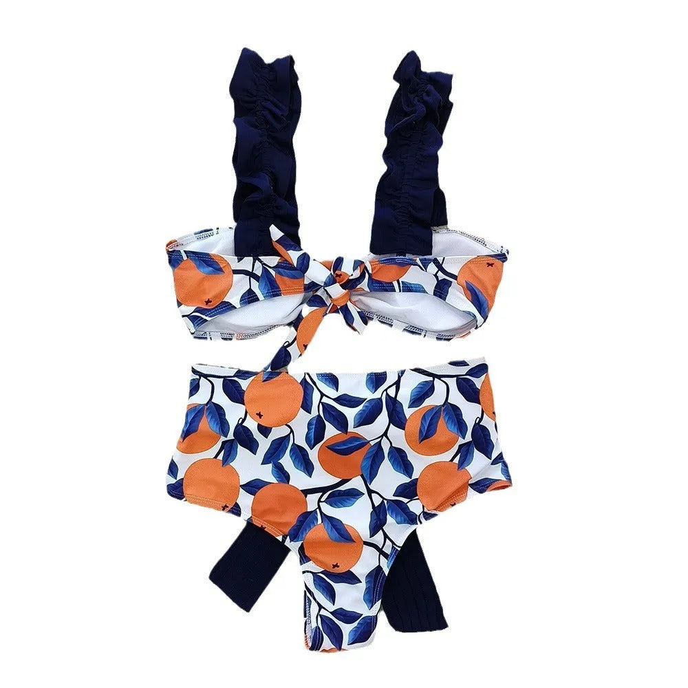 Women's Blue Leaf Orange printed high waist bikini swimsuit with sleeveless briefs design