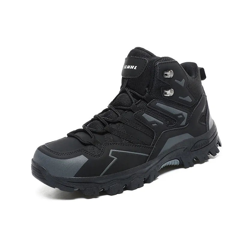 Low-top hiking sneakers in multiple colours on a rocky outdoor trail.