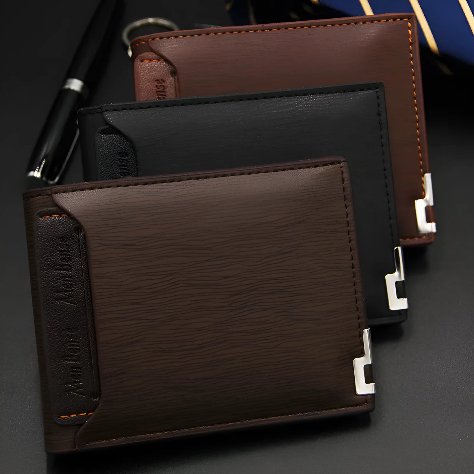 Men's black iron-edge card-picking wallet showing card slots and cash compartment.