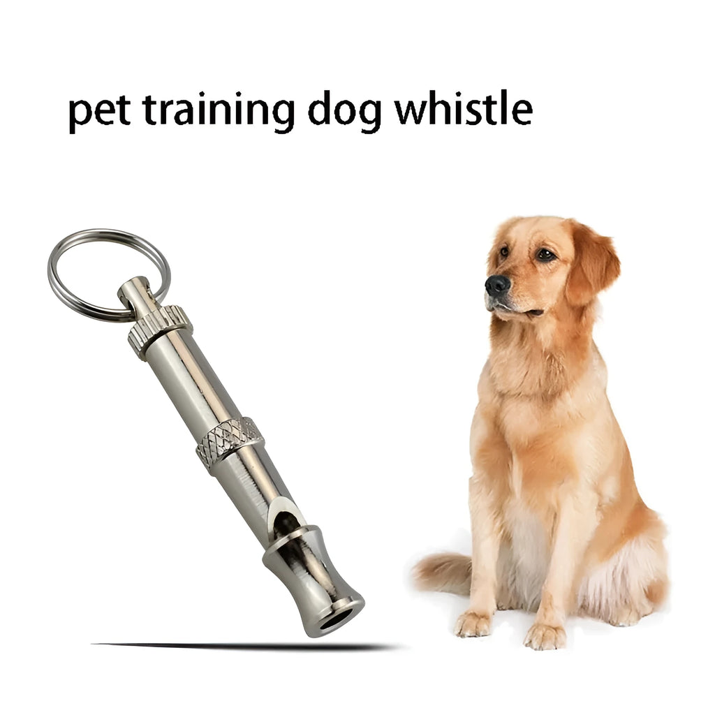 Metallic-coloured adjustable ultrasonic dog training whistle made from brass electroplated nickel.