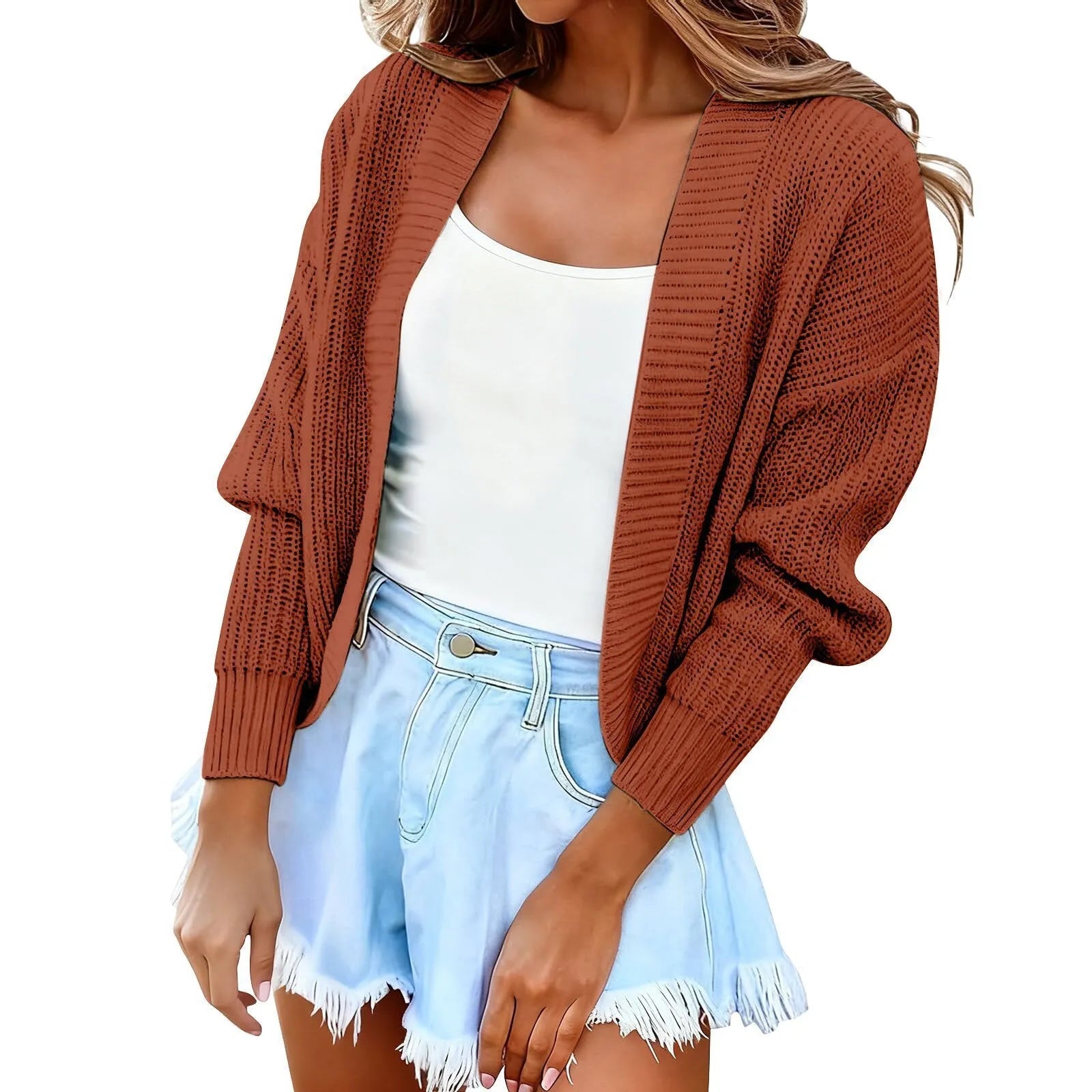 Women's short cape knitted cardigan in camel colour, long sleeve solid colour polyester cardigan for women