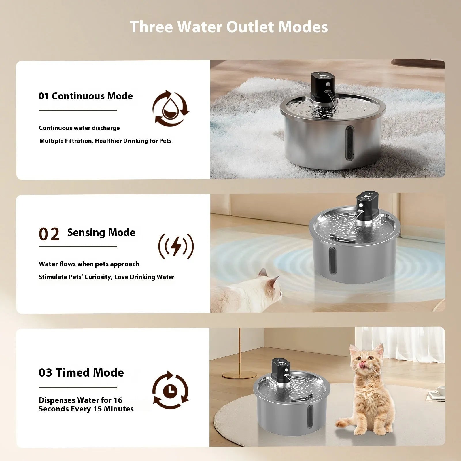 White cat water fountain with stainless steel dish and digital temperature control base on a wooden floor.