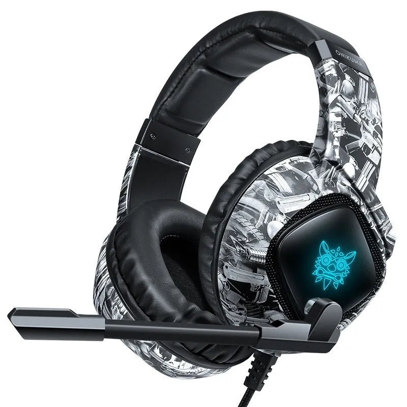 Camouflage Gray wired RGB gaming headset with head-mounted design and 3.5mm plug